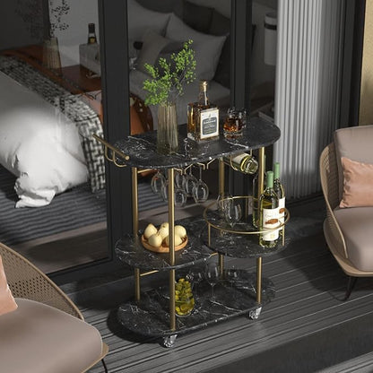Black Bar Carts with 4-Tier Storage Shelves, Mobile Bar Serving Cart with Wine Rack and Glass Holder, for The Home, Kitchen, Living Room, Dining Room