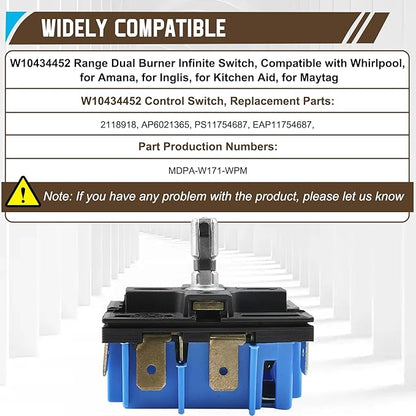 W10434452 WPW10434452 Dual Burner Infinite Switch Replace Parts for PS11754687 PS3503258 AH3503258 EA3503258 AP6021365 2118918 Fits for Whirpool and Other Ranges Stoves