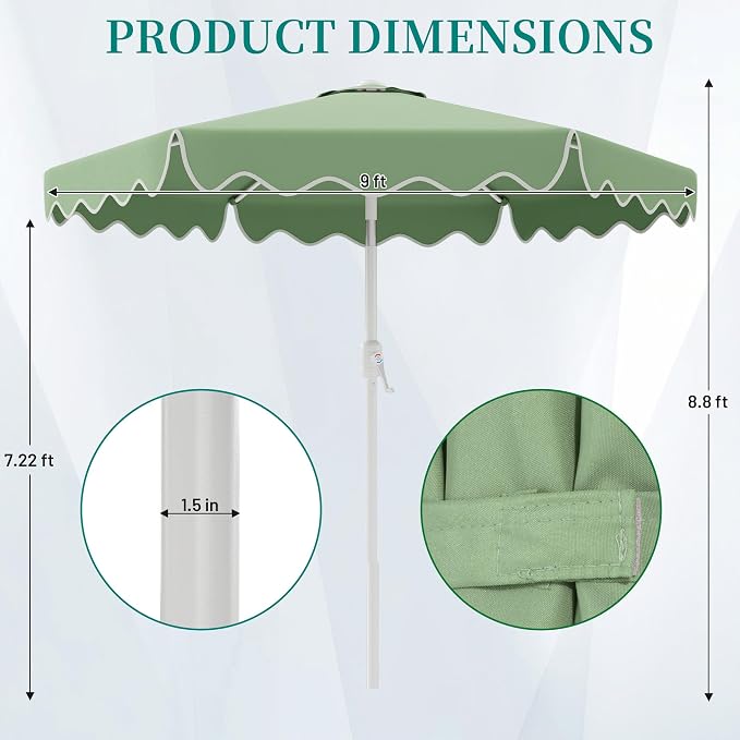 AreShark 9FT Outdoor Patio Umbrella with Wavy Trim (Sage Green) | Market Table Umbrellas w/ 6 Sturdy Ribs, Crank & Tilt, White Pole, Pool Umbrella with UV-Fade Resistant Fabric, Heavy Frame