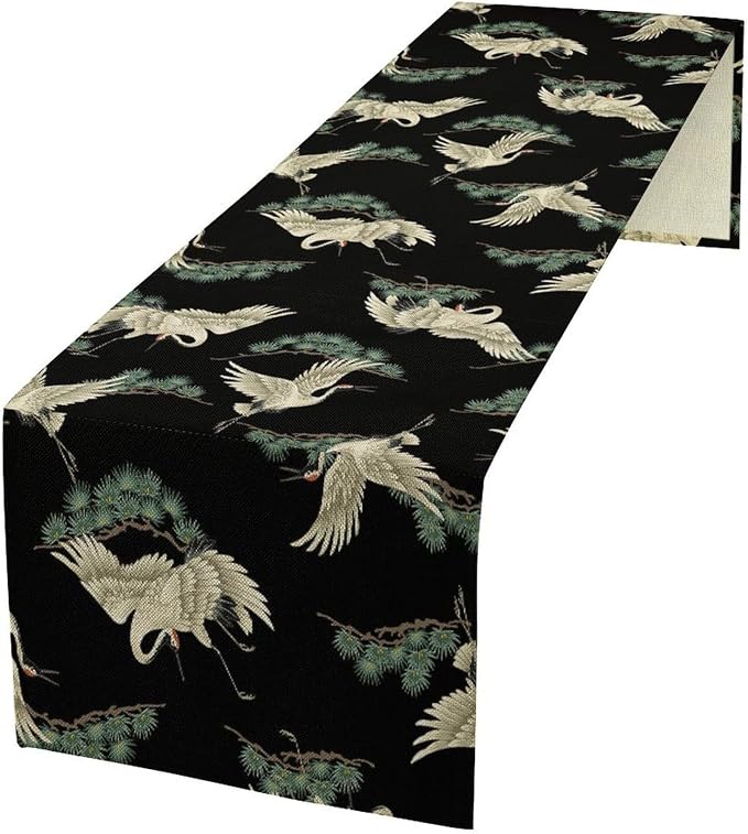 Japanese Crane Table Runner Oriental Vintage Asian Chinese Traditional Bird Trees Plant Dinner Runner Table Decoration for Home Kitchen Dining Holiday Party 13x70in