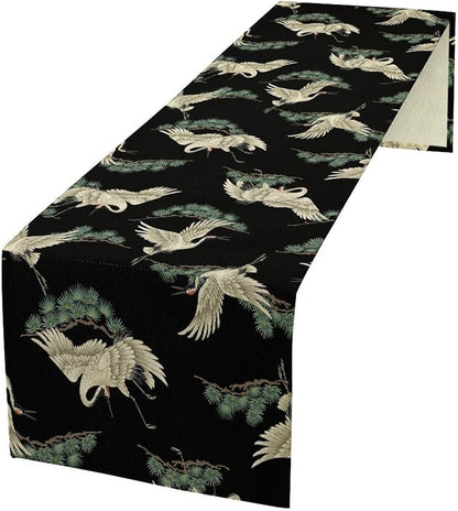 Japanese Crane Table Runner Oriental Vintage Asian Chinese Traditional Bird Trees Plant Dinner Runner Table Decoration for Home Kitchen Dining Holiday Party 13x70in