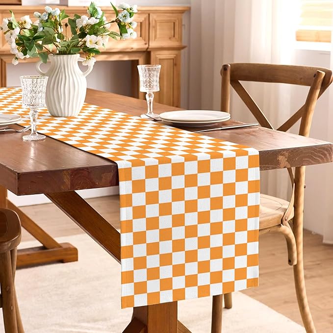 Orange White Checkered Table Runner Fall Thanksgiving Harvest Checkerboard Decoration for Wedding Birthday Bridal Baby Shower Christmas Home Party Kitchen Island Decor 13" x 72"