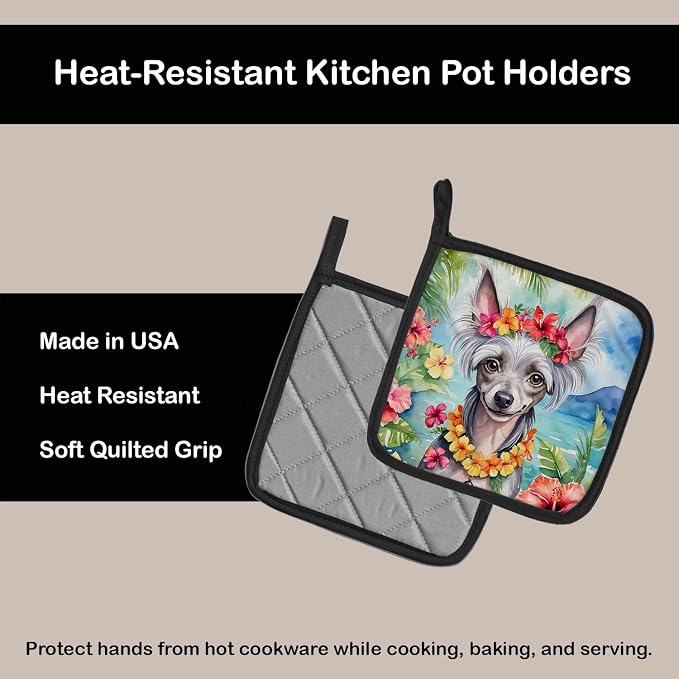 Caroline's Treasures Chinese Crested Luau Pair of Pot Holders Kitchen Heat Resistant Pot Holders Sets Oven Hot Pads for Cooking Baking BBQ, 7 1/2 x 7 1/2