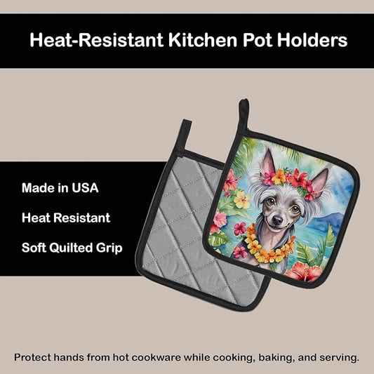 Caroline's Treasures Chinese Crested Luau Pair of Pot Holders Kitchen Heat Resistant Pot Holders Sets Oven Hot Pads for Cooking Baking BBQ, 7 1/2 x 7 1/2