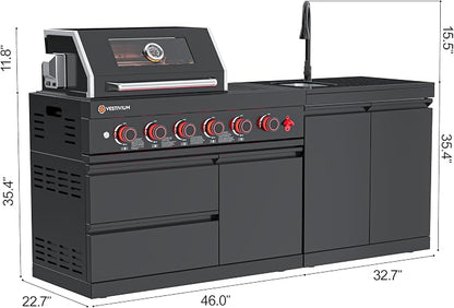 SERA C 4-Burner Propane Outdoor Kitchen with Dual Sink Black | Black 304 stainless steel, 75,300 BTU + side burner, dual-door sink with pull-out faucet, locking casters, patio backyard