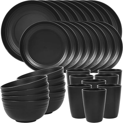 Quatish 32 Piece Plates and Bowls Sets for 8, Unbreakable Dinnerware Sets, Dish Set for Camping, Dishwasher Microwave Safe, Outdoor Kitchen and Apartment Dorm Dinning RV Essentials, Black