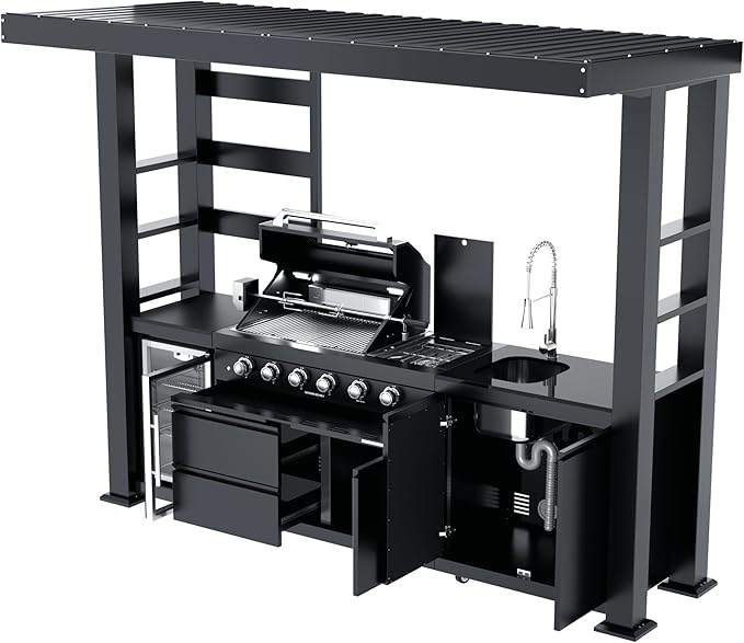 110-Inch 4-Burner 72000 BTU Propane Gas Grill Island with Shed, 304 Stainless Steel Black, Outdoor Kitchen with Wine Cooler, Rotisserie & Granite Countertops for Backyard BBQ, Black
