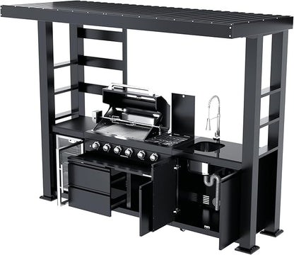 110-Inch 4-Burner 72000 BTU Propane Gas Grill Island with Shed, 304 Stainless Steel Black, Outdoor Kitchen with Wine Cooler, Rotisserie & Granite Countertops for Backyard BBQ, Black