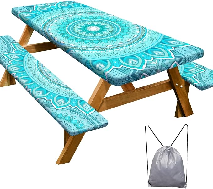 Picnic Table Cover Bench Covers Camping Essentials Tablecloth | Waterproof Vinyl for Outdoor, Windproof Elastic Fitted Edges, RV BBQ Accessories Must Haves, Storage Bag Included