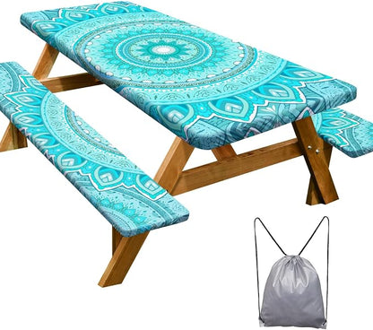 Picnic Table Cover Bench Covers Camping Essentials Tablecloth | Waterproof Vinyl for Outdoor, Windproof Elastic Fitted Edges, RV BBQ Accessories Must Haves, Storage Bag Included