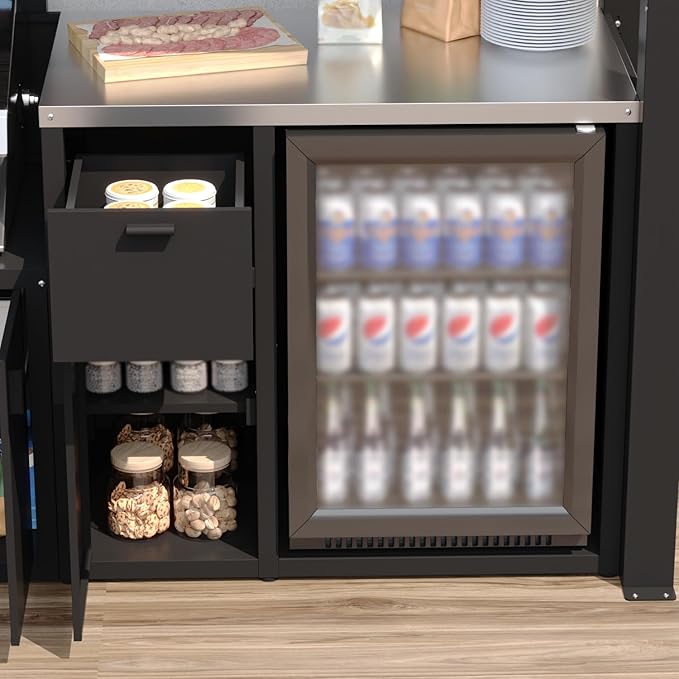 8.6'W Full Steel Outdoor Kitchen Cabinet, Patio Kitchen Island with Galvanized-Steel Roof and Stainless-Steel Countertop, BBQ Grill Station Bar Table with Storage