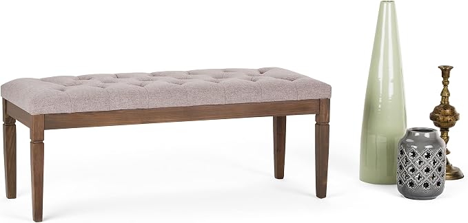 SIMPLIHOME Carmel 32" Wide Solid Acacia Wood Outdoor Chair in Sand Drift | Traditional tufted ottoman bench with carved legs; perfect footstool, footrest or bench for bedroom or entryway.