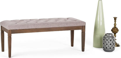 SIMPLIHOME Carmel 32" Wide Solid Acacia Wood Outdoor Chair in Sand Drift | Traditional tufted ottoman bench with carved legs; perfect footstool, footrest or bench for bedroom or entryway.