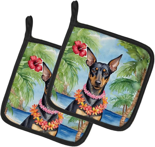 Caroline's Treasures Manchester Terrier Luau Pair of Pot Holders Kitchen Heat Resistant Pot Holders Sets Oven Hot Pads for Cooking Baking BBQ, 7 1/2 x 7 1/2