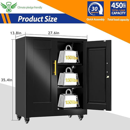 GAIOUS 35'' Tall Metal Storage Cabinet with Lock and Wheels, Steel Office Cabinet with 2 Door and 2 Adjustable Shelves, Lockable File Cabinet, Garage Cabinet, Rolling Cabinet for Home Office, Black