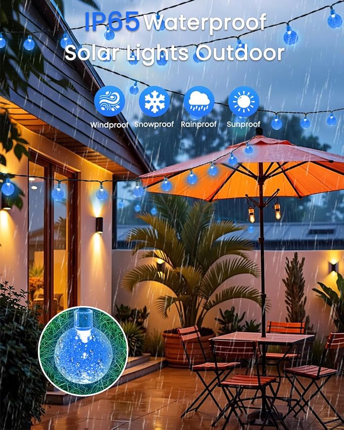 Solar String Lights Outdoor Waterproof 2 Pack 100 LED 64FT Patio Lights | Blue Crystal Globe, 8 Lighting Modes, Auto On/Off, Solar Powered String Light for Outside Yard Wedding Party Tree Decorations