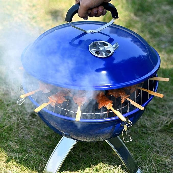 Portable Charcoal Grill Barbecue Charcoal Grill Stainless Steel Round Outdoor Barbecue BBQ Grill Enamel Stove for Cooking Picnic Charcoal BBQ Grill(Color:Blue)