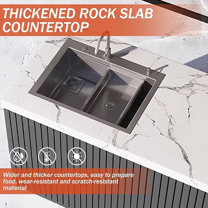 Outdoor Kitchen Cabinet with BBQ- Large Kitchen Cabinet with Slate Countertop Includes Barbecue Grill,Table Includes Stainless Steel Sink & Storage Space(70.86IN)