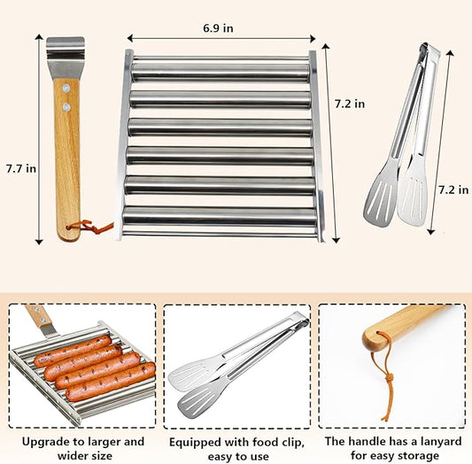 Hot Dog Roller Stainless Steel Sausage Roller Rack with Extra Wood Handle,BBQ Hot Dog Griller for Evenly Cooked Hot Dogs,5 Hot Dog Capacity,Grill Accessories with Tongs