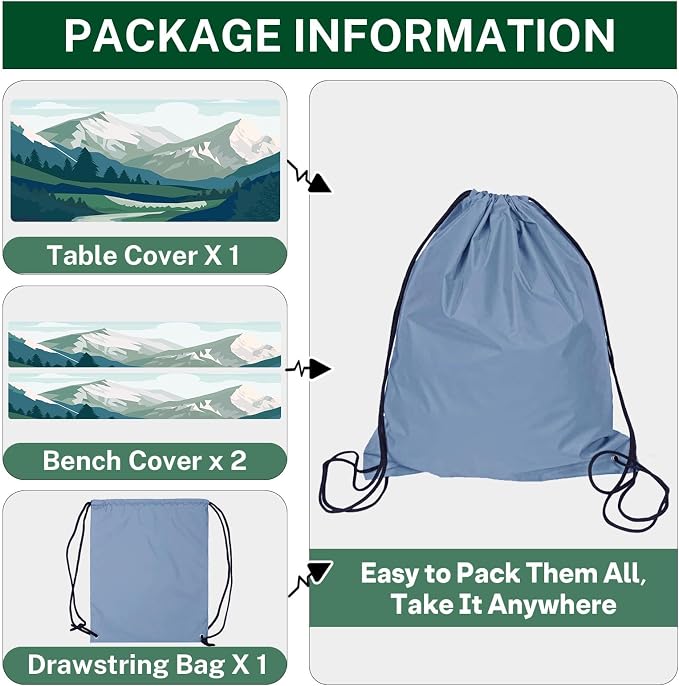 Picnic Table Cover with Bench Covers, Mountain, 3PCS, 72 Inch | 3 Piece full elastic edge camping tablecloth waterproof wipeable RV outdoor patio park essentials with drawstring bag