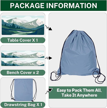Picnic Table Cover with Bench Covers, Mountain, 3PCS, 72 Inch | 3 Piece full elastic edge camping tablecloth waterproof wipeable RV outdoor patio park essentials with drawstring bag