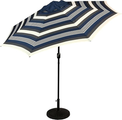 9' Round Patio Umbrella with 32 Solar Powered LED Lights, Push-Button Tilt and Hand Crank Lift, Solar Lighted Umbrella in Navy Stripe for Patio, Porch, and Backyard by Sun-Ray