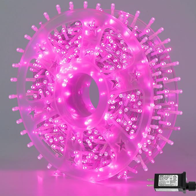 YEGUO Pink String Lights Indoor, 165ft 500 LED Christmas Lights Outdoor Waterproof, 8 Modes Clear Wire Fairy Light Plug in for Party Tree Wedding Xmas