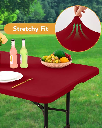 Fitted Tablecloth Rectangle Table Cloths with Elastic, 8 ft, Red, 6 Pack | For Outdoor Picnic Camping Party 8 foot Folding Spandex Table Covers, Water-Resistant, Windproof, Reusable, 96"L x 30"W