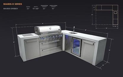Mont Alpi Premium 94"W x 88"D L-shaped Deluxe Stainless Steel Modular Outdoor Kitchen Island with Beverage Center Refrigerator Faucet & Sink + 44"W 6-Burner BBQ Gas Grill + Storage Cabinets & Drawers