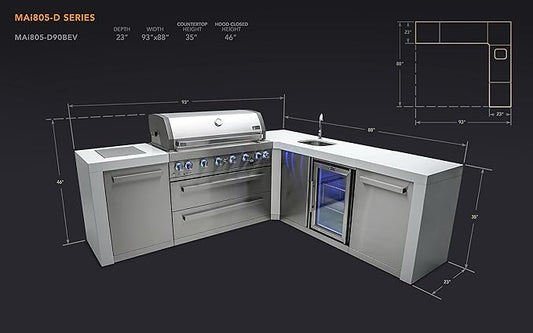 Mont Alpi Premium 94"W x 88"D L-shaped Deluxe Stainless Steel Modular Outdoor Kitchen Island with Beverage Center Refrigerator Faucet & Sink + 44"W 6-Burner BBQ Gas Grill + Storage Cabinets & Drawers