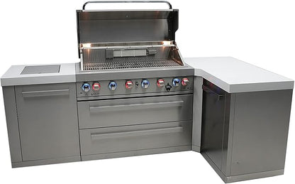 Mont Alpi 94"W x 50"D x 46"H Premium Stainless Steel L-shaped Modular Outdoor Kitchen Island with Infrared Side Burner + 44"W 6-Burner BBQ Gas Grill + Granite Countertops + Storage Cabinets + Drawers