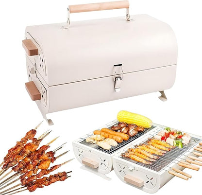 Portable Charcoal Grill for Outdoor BBQ, Twin-Sided Cooking, Compact Oil Drum Barbecue, for Camping, Festivals, Picnics & Tailgating. (White)