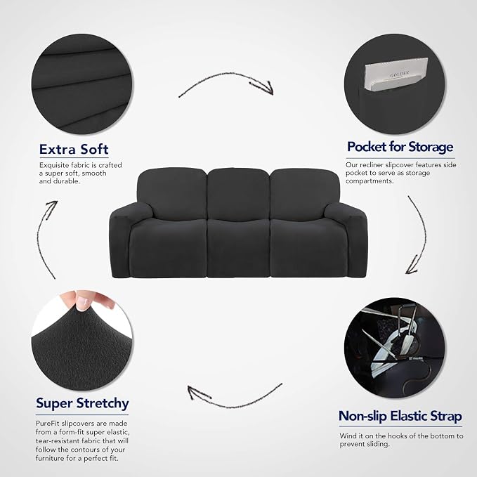PureFit Super Stretch 3 Seats Recliner Sofa Couch Cover with Pocket | Non Slip Soft Sofa Slipcover, Washable Spandex Reclining Furniture Protector for Kids, Pets (Recliner Sofa, Dark Gray)