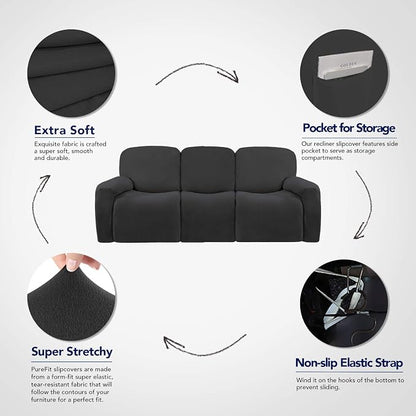 PureFit Super Stretch 3 Seats Recliner Sofa Couch Cover with Pocket | Non Slip Soft Sofa Slipcover, Washable Spandex Reclining Furniture Protector for Kids, Pets (Recliner Sofa, Dark Gray)