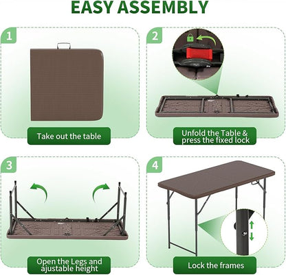 BestOffice 4 FT Picnic Table Folding Table Camping Plastic Table Fold Up Table Lock for Party Event, Brown Ratten