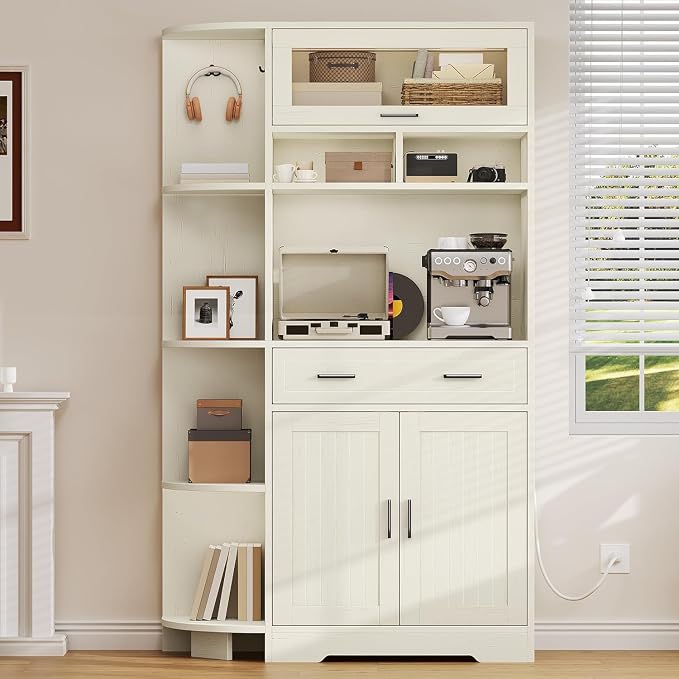 YITAHOME 67" Kitchen Hutch with Outlet, Shelves & Drawer, Off-White | Farmhouse Microwave Stand Buffet Coffee Bar for Living Room and Dining Room