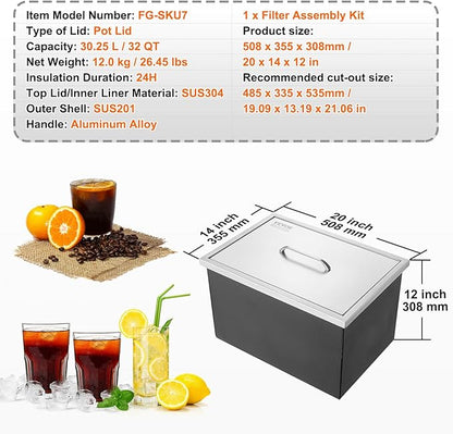 VEVOR Drop in Ice Chest, 20" L x 14" W x 12" H Stainless Steel Ice Cooler, Commercial Ice Bin with Cover, 40 qt Outdoor Kitchen Ice Bar, Drain-Pipe and Drain Plug Included, for Cold Wine Beer | Commercial Ice Bin with Cover, 40 qt Outdoor Kitchen Ice B...