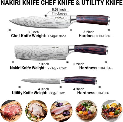 3-Piece Kitchen Chef Knife Set - 8" Chef Knife & 7" Nakiri Knife & 5" Utility Knife, Professional High-Carbon Stainless Steel Ultra Sharp Knives with Ergonomic Wood Handle & Gift Box for Cooking