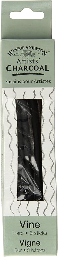 Winsor & Newton Artist Vine Charcoal Sticks, Hard, Box of 3 Sticks, Grey