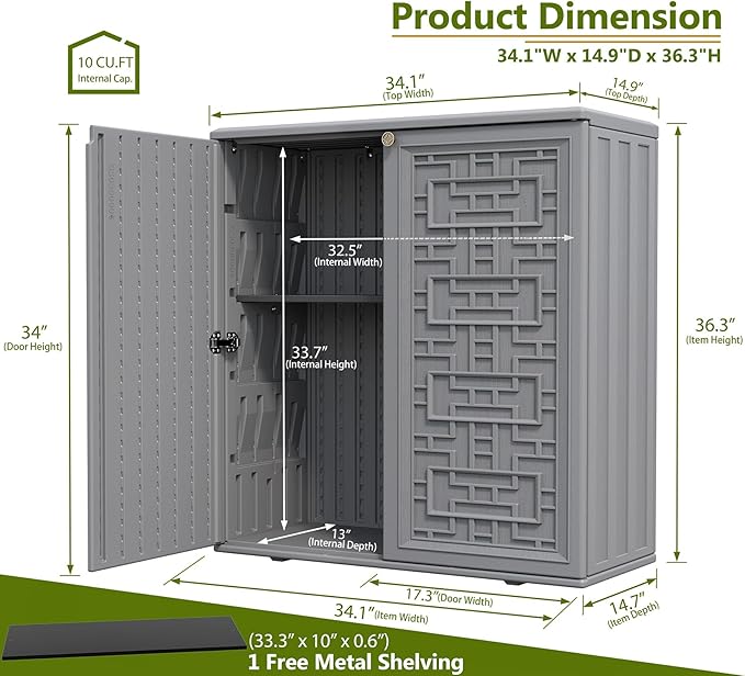 ZZM HDPE Outdoor Storage Shed, Outdoor Plastic Storage Cabinet, Horizontal Resin Tool Shed for Garden, All Weather Outdoor Storage Clearance, DIY Usage, with one Shelf (Gray)