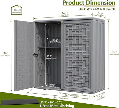 ZZM HDPE Outdoor Storage Shed, Outdoor Plastic Storage Cabinet, Horizontal Resin Tool Shed for Garden, All Weather Outdoor Storage Clearance, DIY Usage, with one Shelf (Gray)