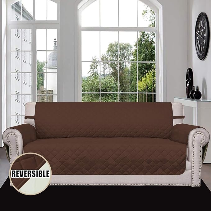 Easy-Going Reversible Couch Cover for 3 Cushion Couch Sofa Cover for Dogs Water Resistant Furniture Protector Cover with Foam Sticks Elastic Straps for Pet Cat (Sofa, Coffee/Ivory) | Machine Washable Slipcover For Dogs, Water Resistant Furniture Mat Fo...