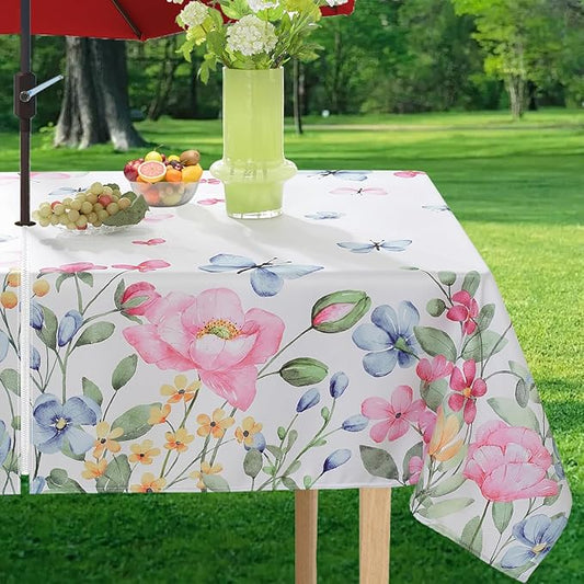Spring Summer Floral Tablecloth with Umbrella Hole Rectangle 60 x 84 Inch Wildflower Butterfly Zippered Table Cloth, Waterproof Polyester Table Cover for Dining, Party, Picnic, Indoor, Outdoor, Pink