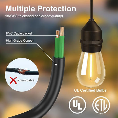 50FT Outdoor String Lights 32Bulbs (1.5FT Bulbs Spacing),120W Dimmer Remote | Patio Lights with IP65 Waterproof, Dimmable & Timing & 3 Mode, Connectable, Zipper Ties for Outside Commercial Backyard