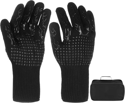 M METERXITY 1-Pair BBQ Gloves, 1472°F Heat Resistant Non-Slip Grilling Oven Gloves for Barbecue/Baking/Cooking, with Storage Bag [Flame Pattern L, Black]