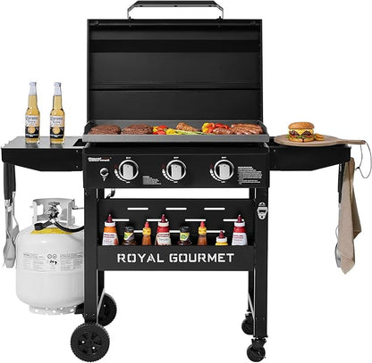 Royal Gourmet GB3000PB 3-Burner Gas Griddle with Hood, Griddle with Collapsible Side Shelves, 39,000 BTU, 492 Sq. In. Cooking Area, Electronic Ignition, Swivel Wheels with Brakes, Black