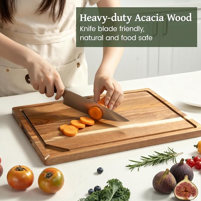 17" x 11.8" Acacia Wood Cutting Boards for Kitchen, Kikcoin Wooden Cutting Board, Chopping Board with Built-In Compartments and Juice Groove, Heavy Duty Charcuterie Board Wood Butcher Block