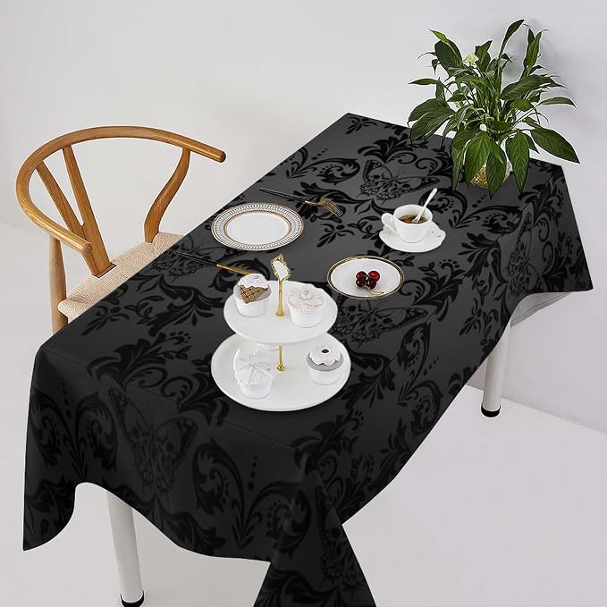 Gothic Black Damask Tablecloth, Vintage Floral Exotic Butterfly Suger Skull Bohemian Antique Table Cloth Water Resistant Table Cover for Farmhouse Party Holiday Kitchen Dinner Table 60x90"