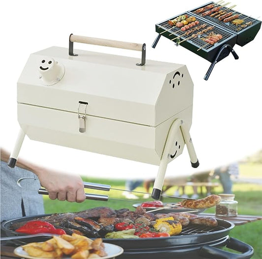Folding Portable Barbecue Charcoal Grill,Tabletop Charcoal Outdoor Indoor BBQ Grill Durable Small Charcoal Barbecue for Patio Balcony Picnic Camping Cooking(White)