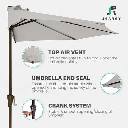 JEAREY 9ft Half Umbrella Outdoor Patio Umbrella Market Umbrellas with Crank, 1/2 Round Wall Umbrella 5 Sturdy Ribs UV Protection for Pool Garden Balcony Deck, Foggy Gray